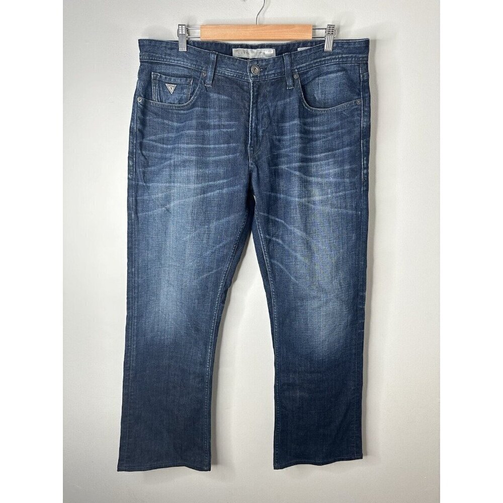 Guess Jeans Mens Blue Denim Falcon Regular Boot Cut Distressed Dark Wash Size 36